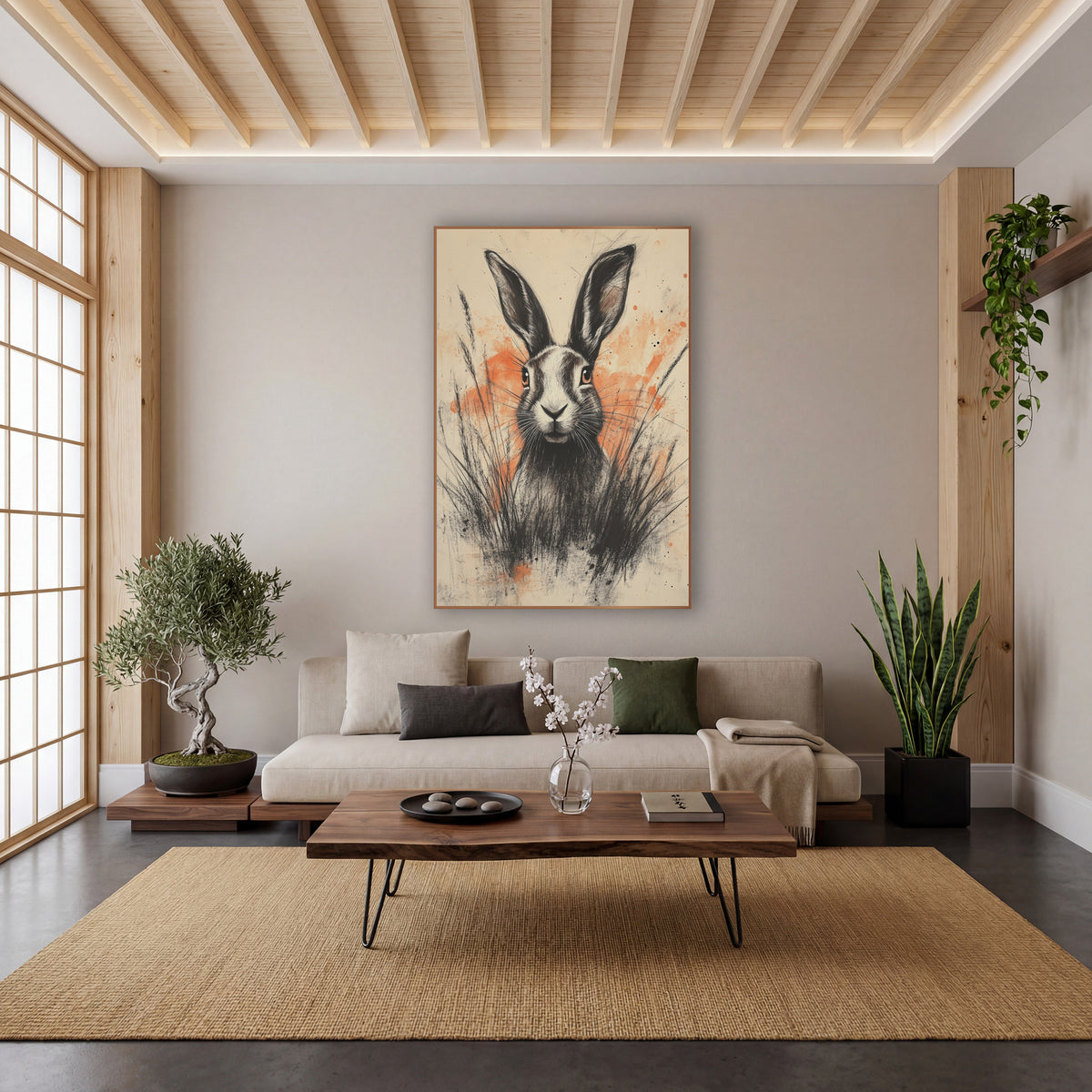Hare Orange Splatter Charcoal Expressive wall art in a calm Japandi-style room – charcoal-style drawing of a hare