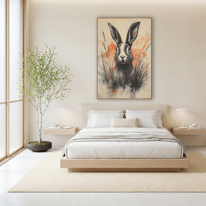 Hare Orange Splatter Charcoal Expressive wall art in a calm Japandi-style room – charcoal-style drawing of a hare