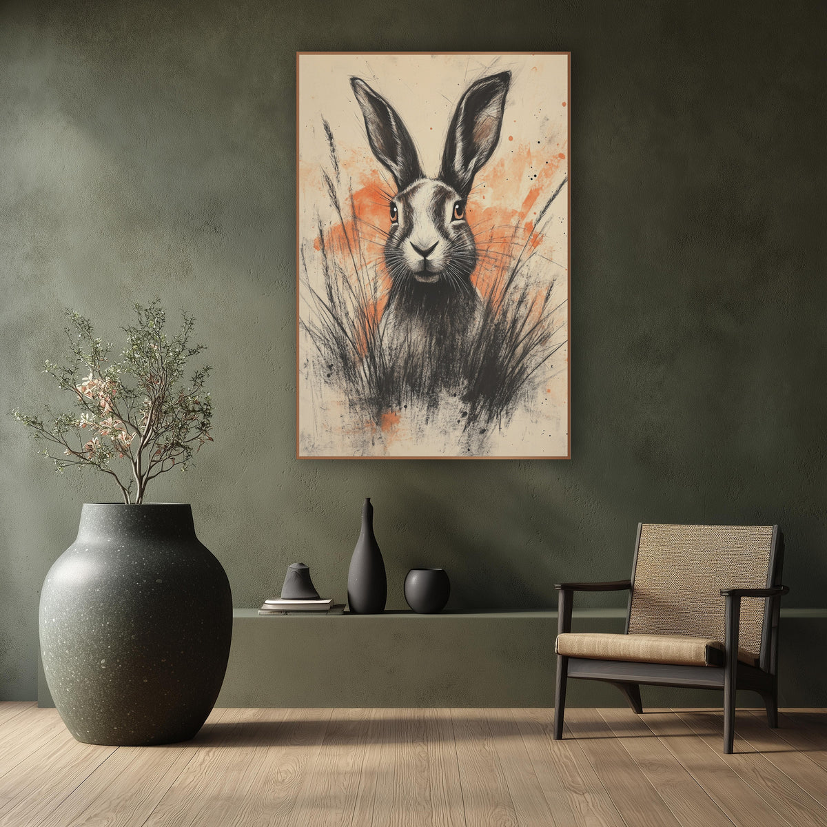 Hare Orange Splatter Charcoal Expressive wall art in a calm Japandi-style room – charcoal-style drawing of a hare