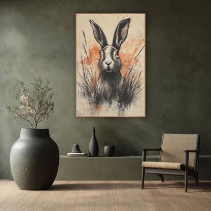 Hare Orange Splatter Charcoal Expressive wall art in a calm Japandi-style room – charcoal-style drawing of a hare