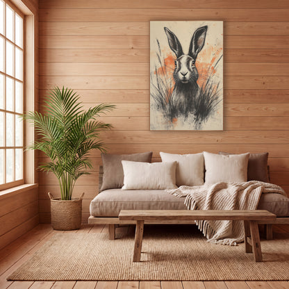 Hare Orange Splatter Charcoal Expressive wall art in a calm Japandi-style room – charcoal-style drawing of a hare
