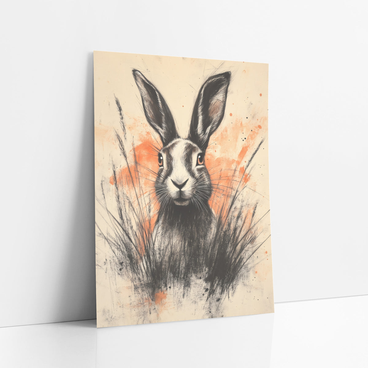Hare Orange Splatter Charcoal Expressive art print leaning against a white wall – charcoal-style drawing of a hare with tall