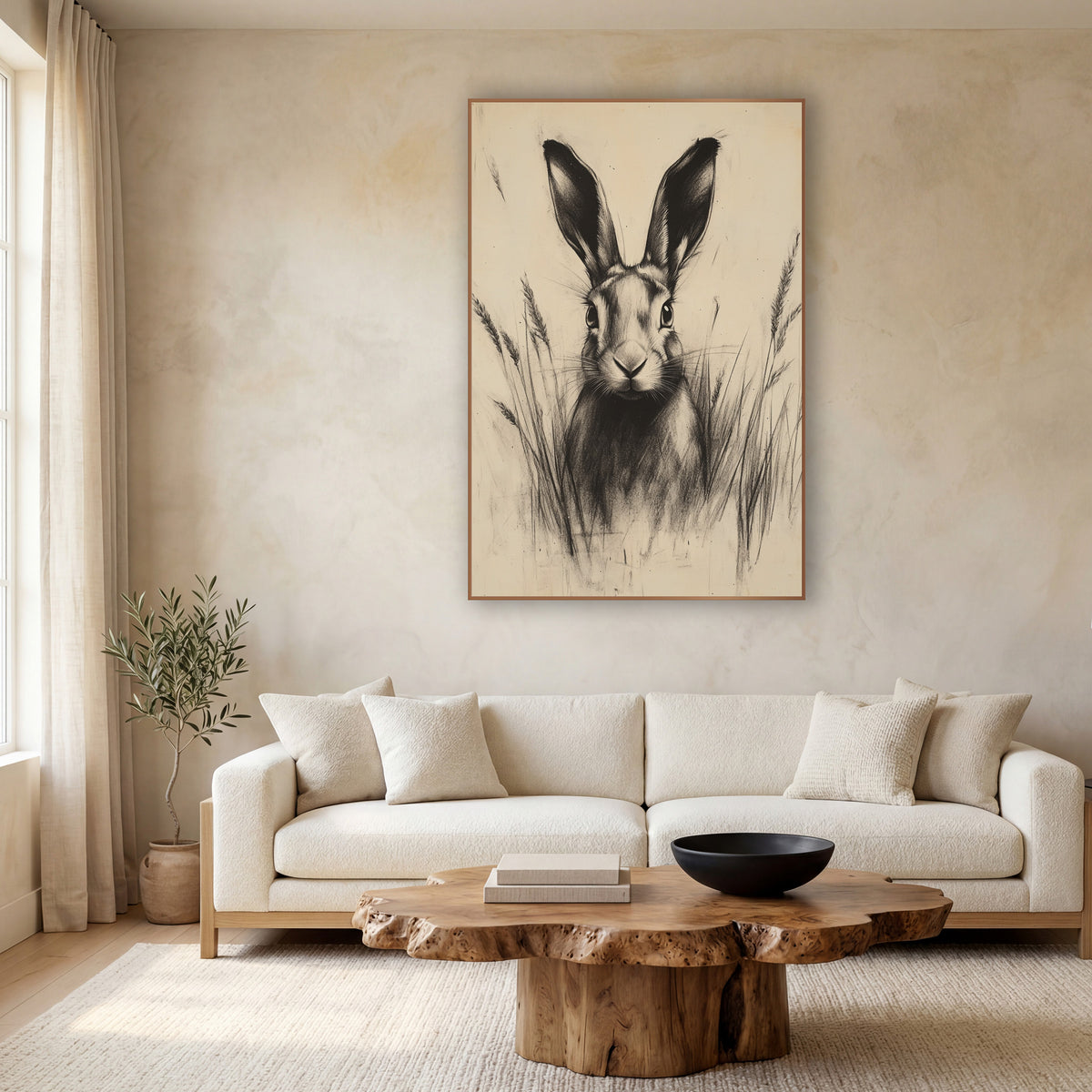 Hare Wheat Ears Sepia Sketch wall art in a calm Japandi-style room – charcoal-style drawing of a hare with tall ears