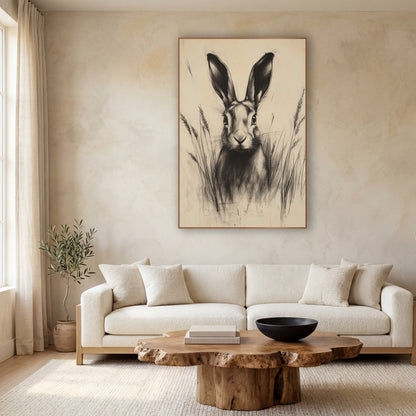 Hare Wheat Ears Sepia Sketch wall art in a calm Japandi-style room – charcoal-style drawing of a hare with tall ears
