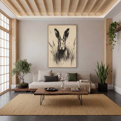 Hare Wheat Ears Sepia Sketch wall art in a calm Japandi-style room – charcoal-style drawing of a hare with tall ears