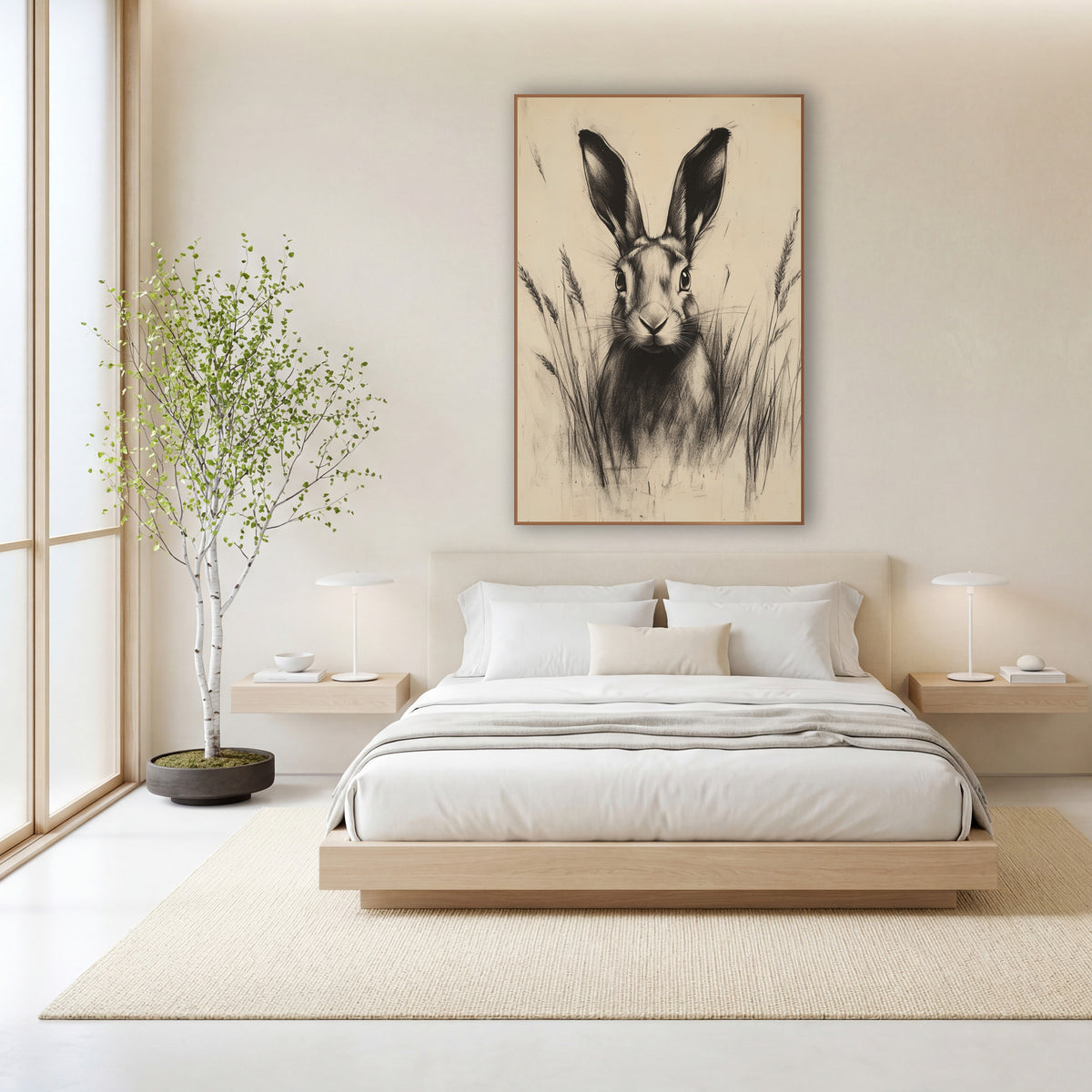 Hare Wheat Ears Sepia Sketch wall art in a calm Japandi-style room – charcoal-style drawing of a hare with tall ears