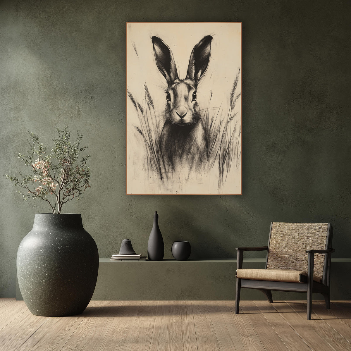 Hare Wheat Ears Sepia Sketch wall art in a calm Japandi-style room – charcoal-style drawing of a hare with tall ears