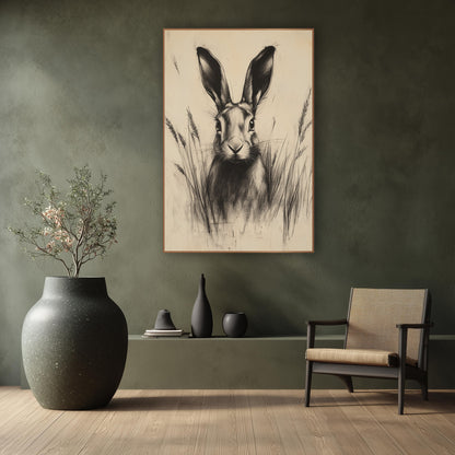 Hare Wheat Ears Sepia Sketch wall art in a calm Japandi-style room – charcoal-style drawing of a hare with tall ears