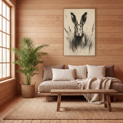 Hare Wheat Ears Sepia Sketch wall art in a calm Japandi-style room – charcoal-style drawing of a hare with tall ears