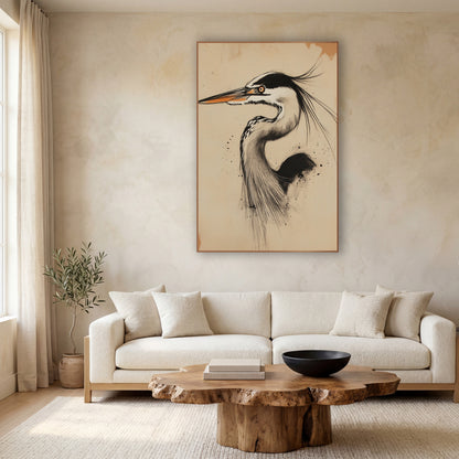 Charcoal Heron Portrait Japandi wall art in a calm Japandi-style room – charcoal-style drawing of a heron in profile