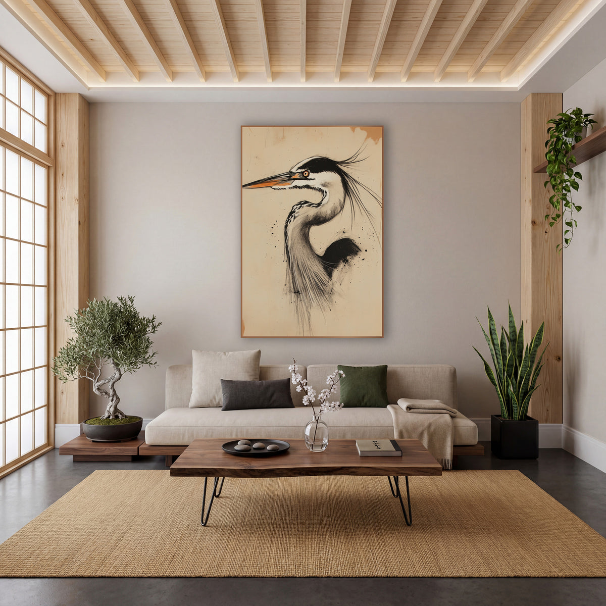 Charcoal Heron Portrait Japandi wall art in a calm Japandi-style room – charcoal-style drawing of a heron in profile