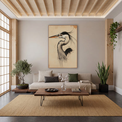 Charcoal Heron Portrait Japandi wall art in a calm Japandi-style room – charcoal-style drawing of a heron in profile