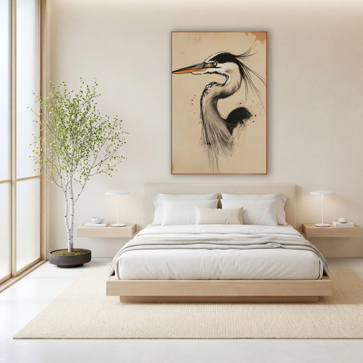 Charcoal Heron Portrait Japandi wall art in a calm Japandi-style room – charcoal-style drawing of a heron in profile