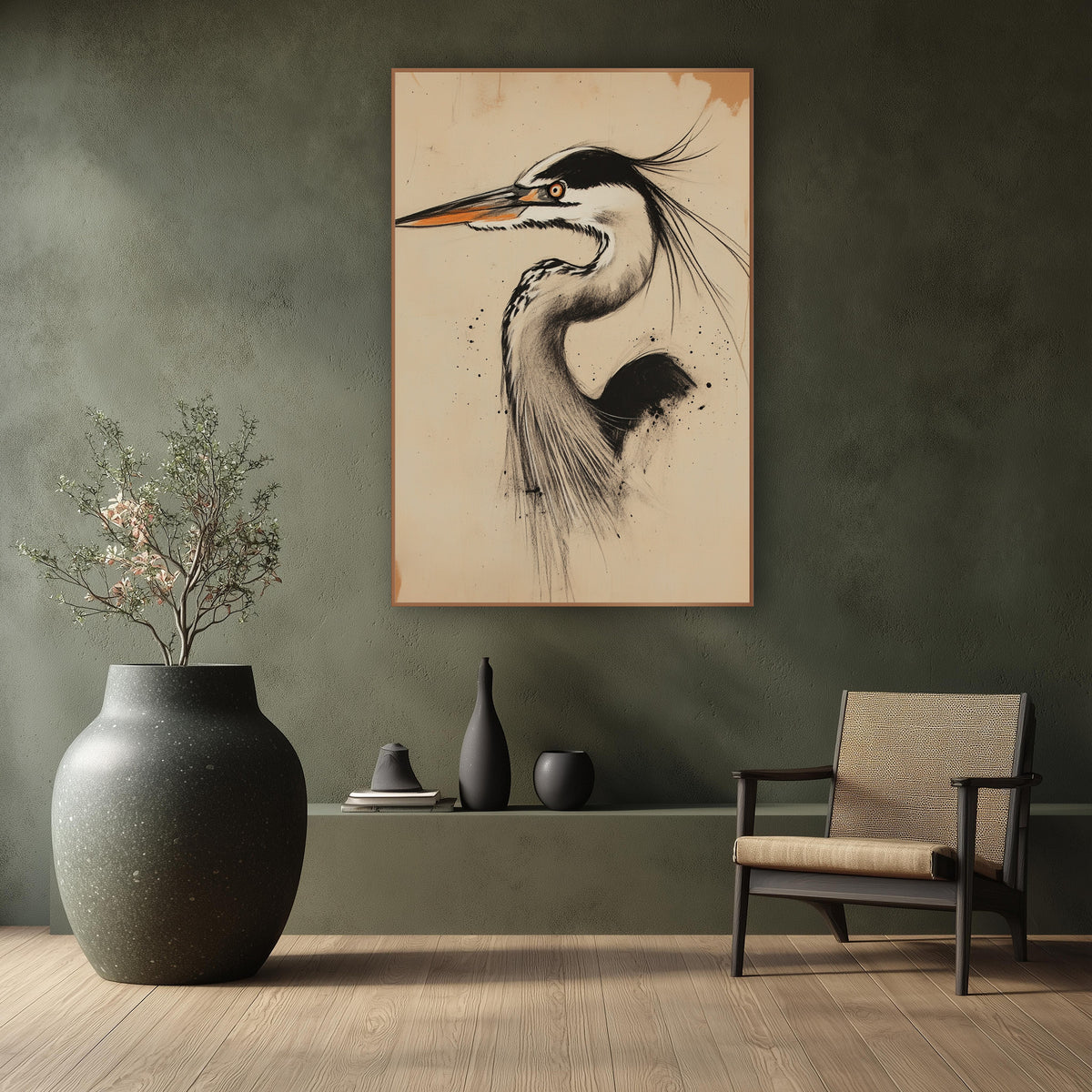 Charcoal Heron Portrait Japandi wall art in a calm Japandi-style room – charcoal-style drawing of a heron in profile