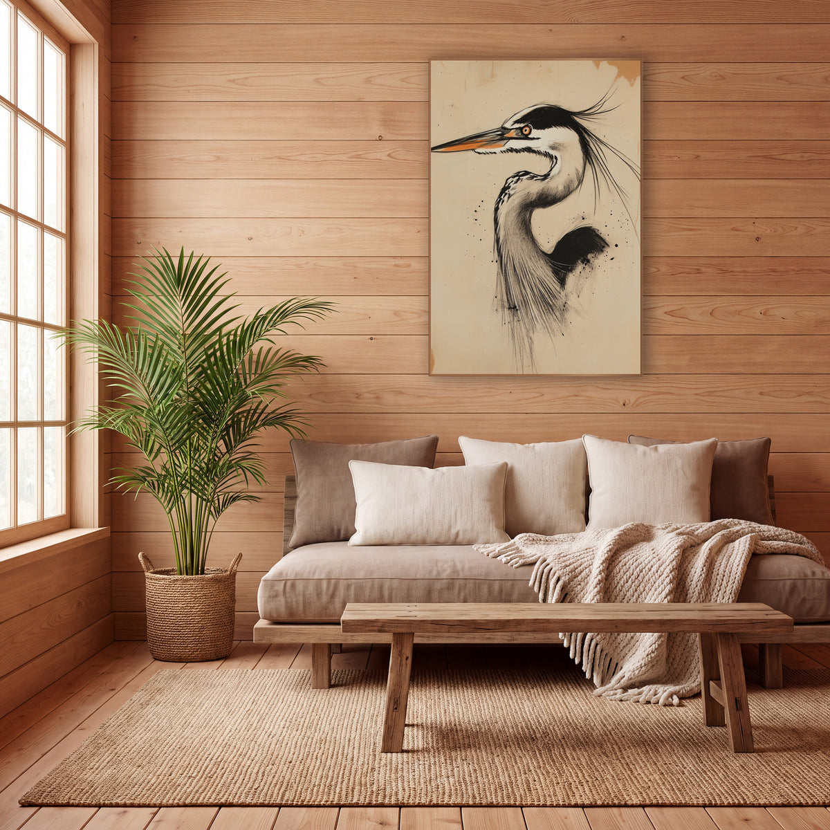 Charcoal Heron Portrait Japandi wall art in a calm Japandi-style room – charcoal-style drawing of a heron in profile