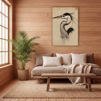 Charcoal Heron Portrait Japandi wall art in a calm Japandi-style room – charcoal-style drawing of a heron in profile