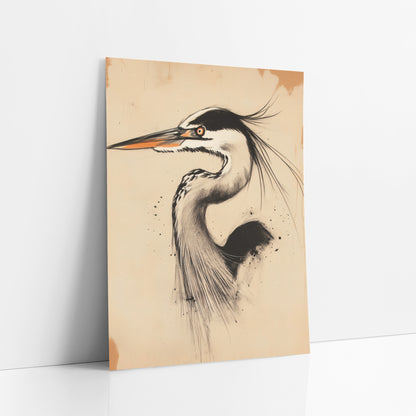 Charcoal Heron Portrait Japandi art print leaning against a white wall – charcoal-style drawing of a heron in profile