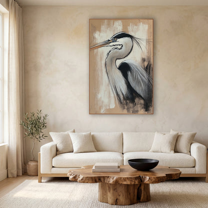 Heron Charcoal Chalk Study Japandi wall art in a calm Japandi-style room – heron in profile with long beak and black