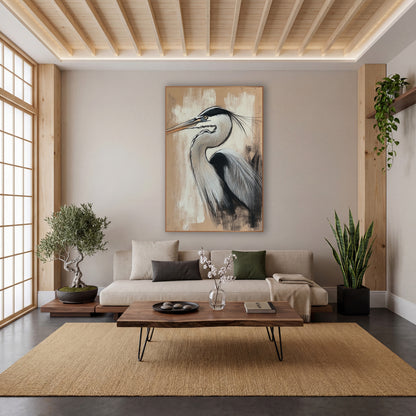 Heron Charcoal Chalk Study Japandi wall art in a calm Japandi-style room – heron in profile with long beak and black