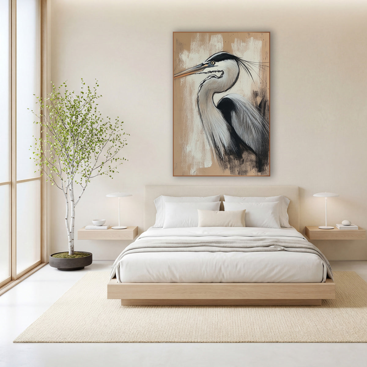 Heron Charcoal Chalk Study Japandi wall art in a calm Japandi-style room – heron in profile with long beak and black