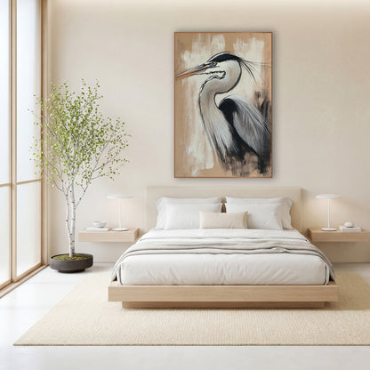 Heron Charcoal Chalk Study Japandi wall art in a calm Japandi-style room – heron in profile with long beak and black