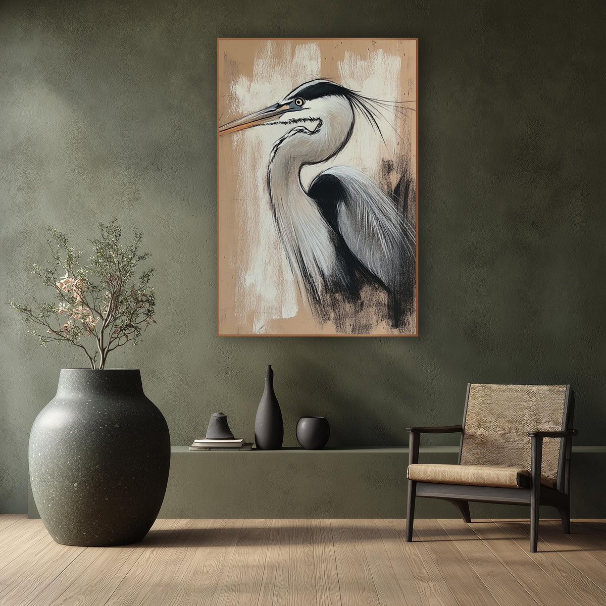 Heron Charcoal Chalk Study Japandi wall art in a calm Japandi-style room – heron in profile with long beak and black