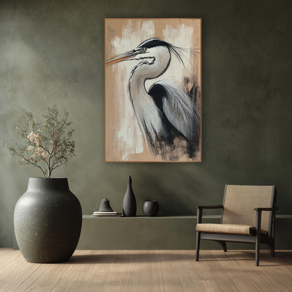 Heron Charcoal Chalk Study Japandi wall art in a calm Japandi-style room – heron in profile with long beak and black