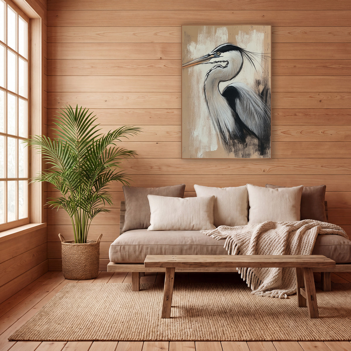 Heron Charcoal Chalk Study Japandi wall art in a calm Japandi-style room – heron in profile with long beak and black