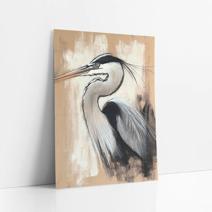 Heron Charcoal Chalk Study Japandi art print leaning against a white wall – heron in profile with long beak and black plume