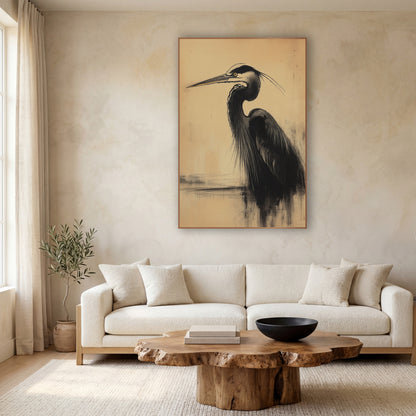 Black Heron Charcoal Japandi wall art in a calm Japandi-style room – black heron in profile drawn in smudged charcoal