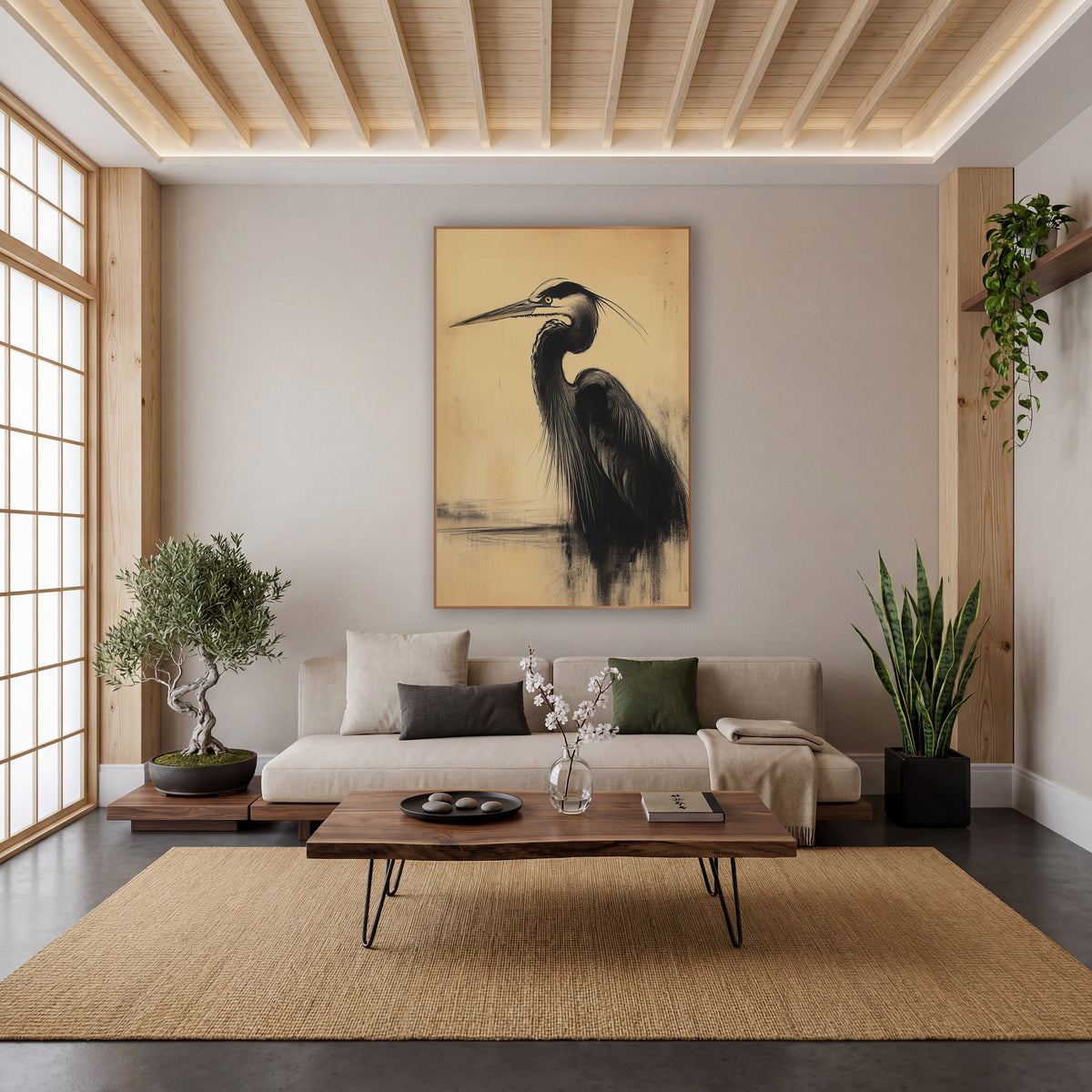 Black Heron Charcoal Japandi wall art in a calm Japandi-style room – black heron in profile drawn in smudged charcoal
