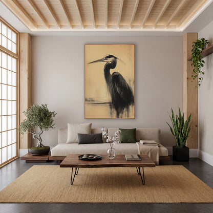 Black Heron Charcoal Japandi wall art in a calm Japandi-style room – black heron in profile drawn in smudged charcoal