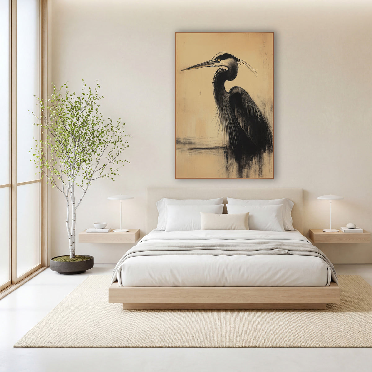 Black Heron Charcoal Japandi wall art in a calm Japandi-style room – black heron in profile drawn in smudged charcoal