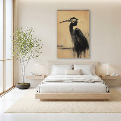 Black Heron Charcoal Japandi wall art in a calm Japandi-style room – black heron in profile drawn in smudged charcoal