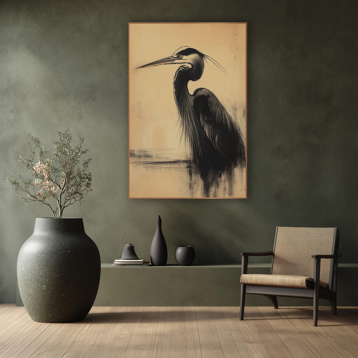 Black Heron Charcoal Japandi wall art in a calm Japandi-style room – black heron in profile drawn in smudged charcoal