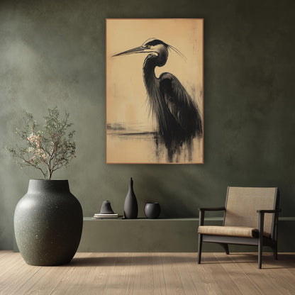Black Heron Charcoal Japandi wall art in a calm Japandi-style room – black heron in profile drawn in smudged charcoal