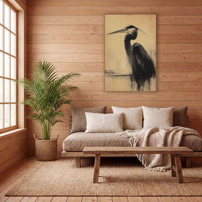 Black Heron Charcoal Japandi wall art in a calm Japandi-style room – black heron in profile drawn in smudged charcoal
