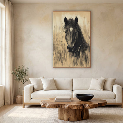 Dark Horse Portrait Charcoal Sketch wall art in a calm Japandi-style room – charcoal-style drawing of a dark horse
