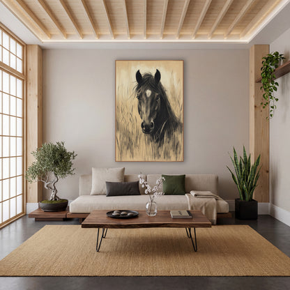 Dark Horse Portrait Charcoal Sketch wall art in a calm Japandi-style room – charcoal-style drawing of a dark horse