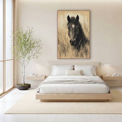 Dark Horse Portrait Charcoal Sketch wall art in a calm Japandi-style room – charcoal-style drawing of a dark horse