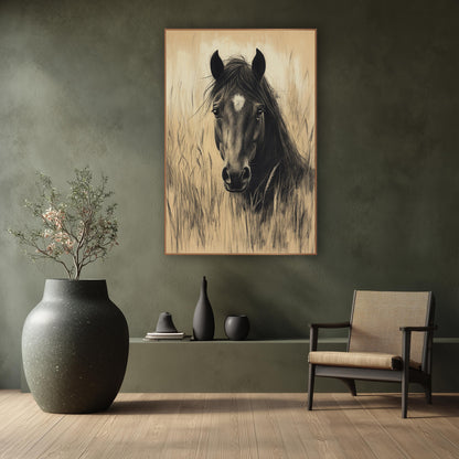 Dark Horse Portrait Charcoal Sketch wall art in a calm Japandi-style room – charcoal-style drawing of a dark horse
