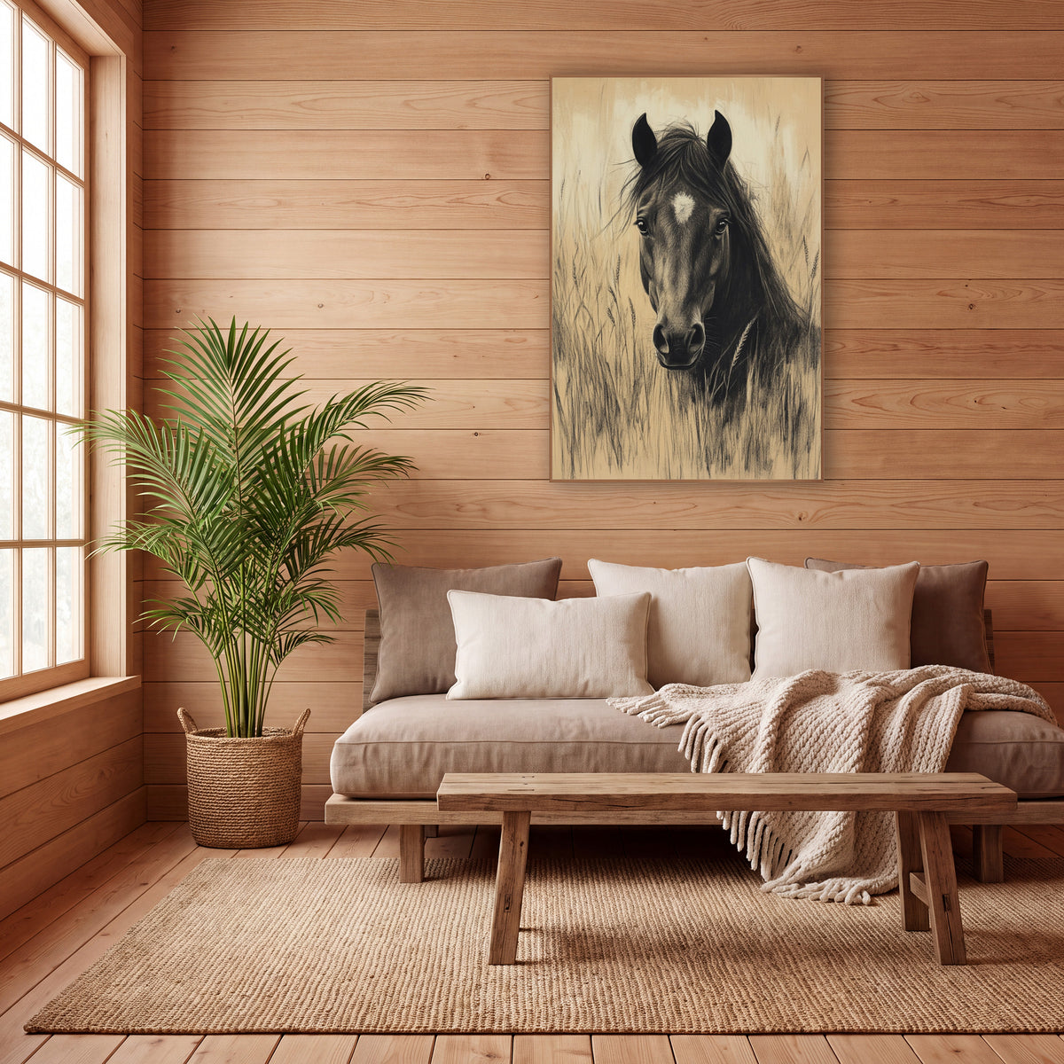 Dark Horse Portrait Charcoal Sketch wall art in a calm Japandi-style room – charcoal-style drawing of a dark horse