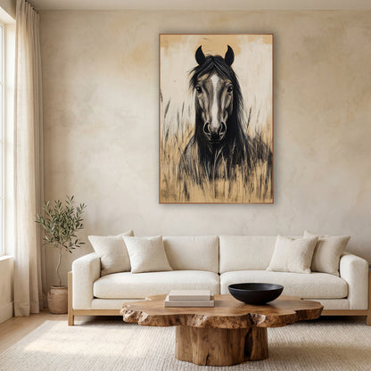 Frontal Stallion Wheat Charcoal Study wall art in a calm Japandi-style room – charcoal-style drawing of a black horse