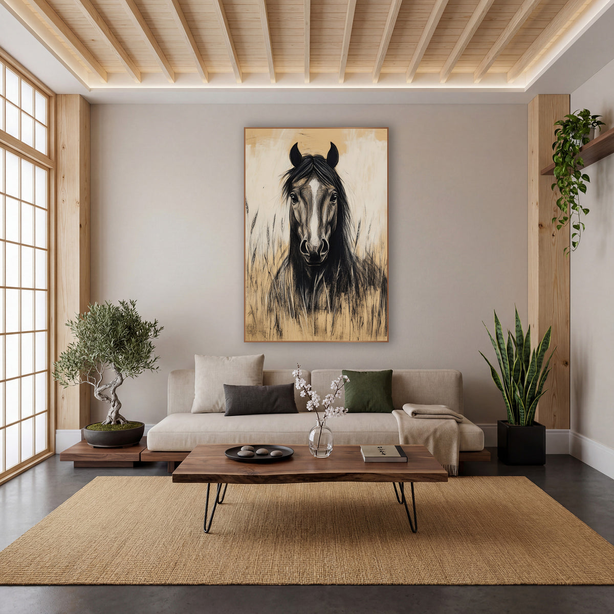 Frontal Stallion Wheat Charcoal Study wall art in a calm Japandi-style room – charcoal-style drawing of a black horse