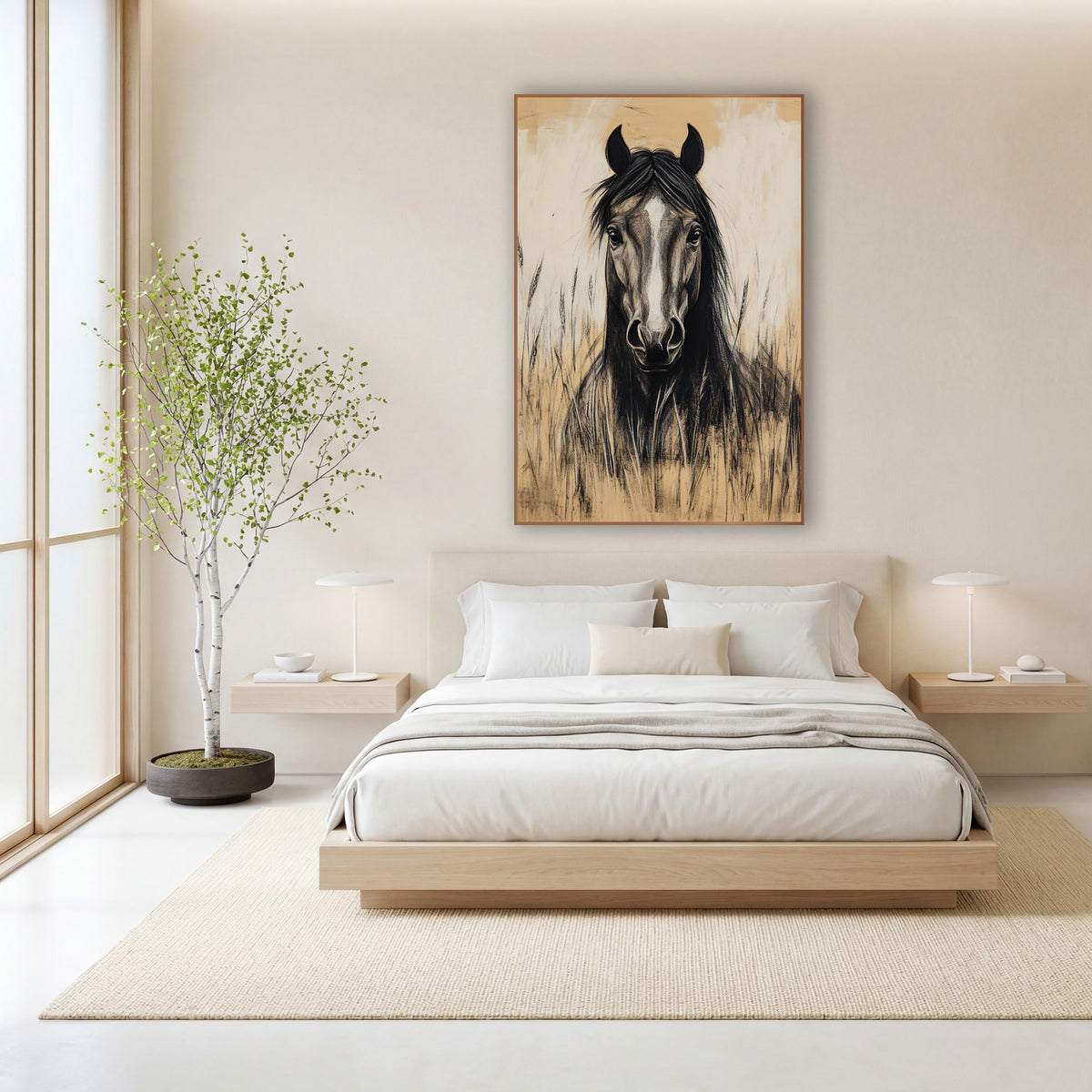 Frontal Stallion Wheat Charcoal Study wall art in a calm Japandi-style room – charcoal-style drawing of a black horse