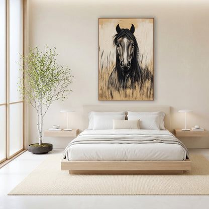 Frontal Stallion Wheat Charcoal Study wall art in a calm Japandi-style room – charcoal-style drawing of a black horse