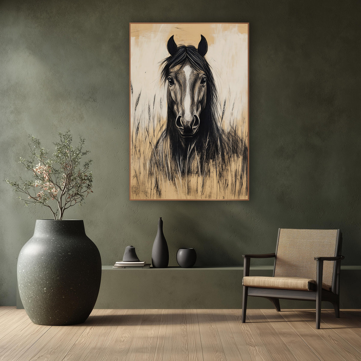 Frontal Stallion Wheat Charcoal Study wall art in a calm Japandi-style room – charcoal-style drawing of a black horse