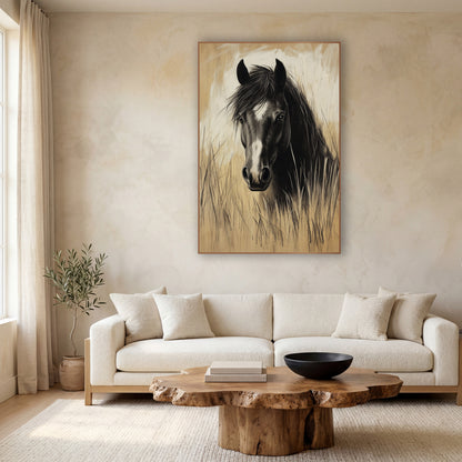 Charcoal Horse in Tall Grass wall art in a calm Japandi-style room – black horse with white blaze facing forward