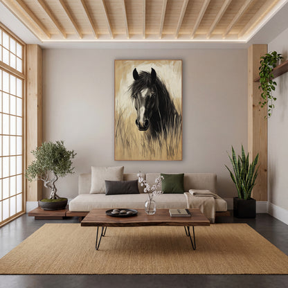 Charcoal Horse in Tall Grass wall art in a calm Japandi-style room – black horse with white blaze facing forward
