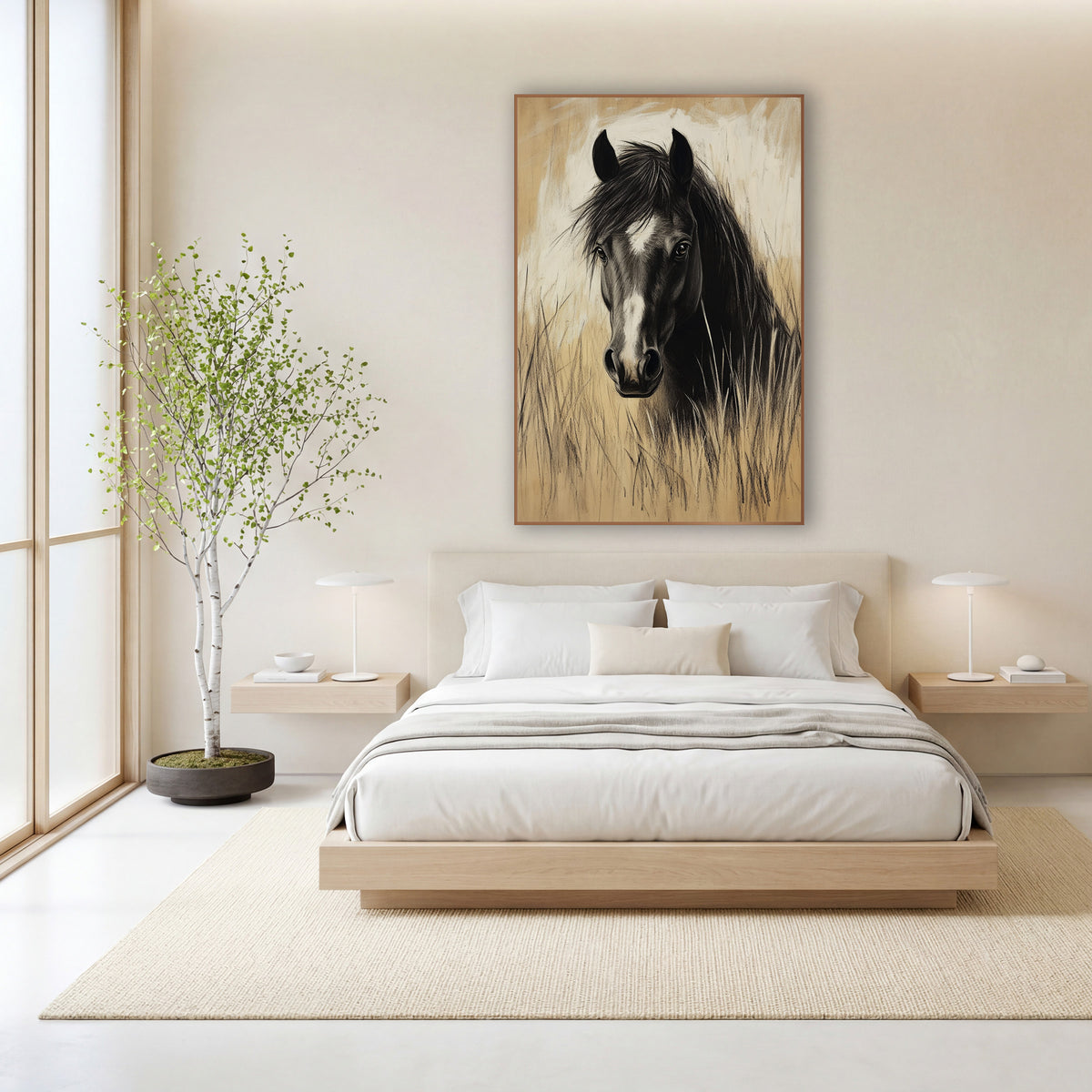 Charcoal Horse in Tall Grass wall art in a calm Japandi-style room – black horse with white blaze facing forward